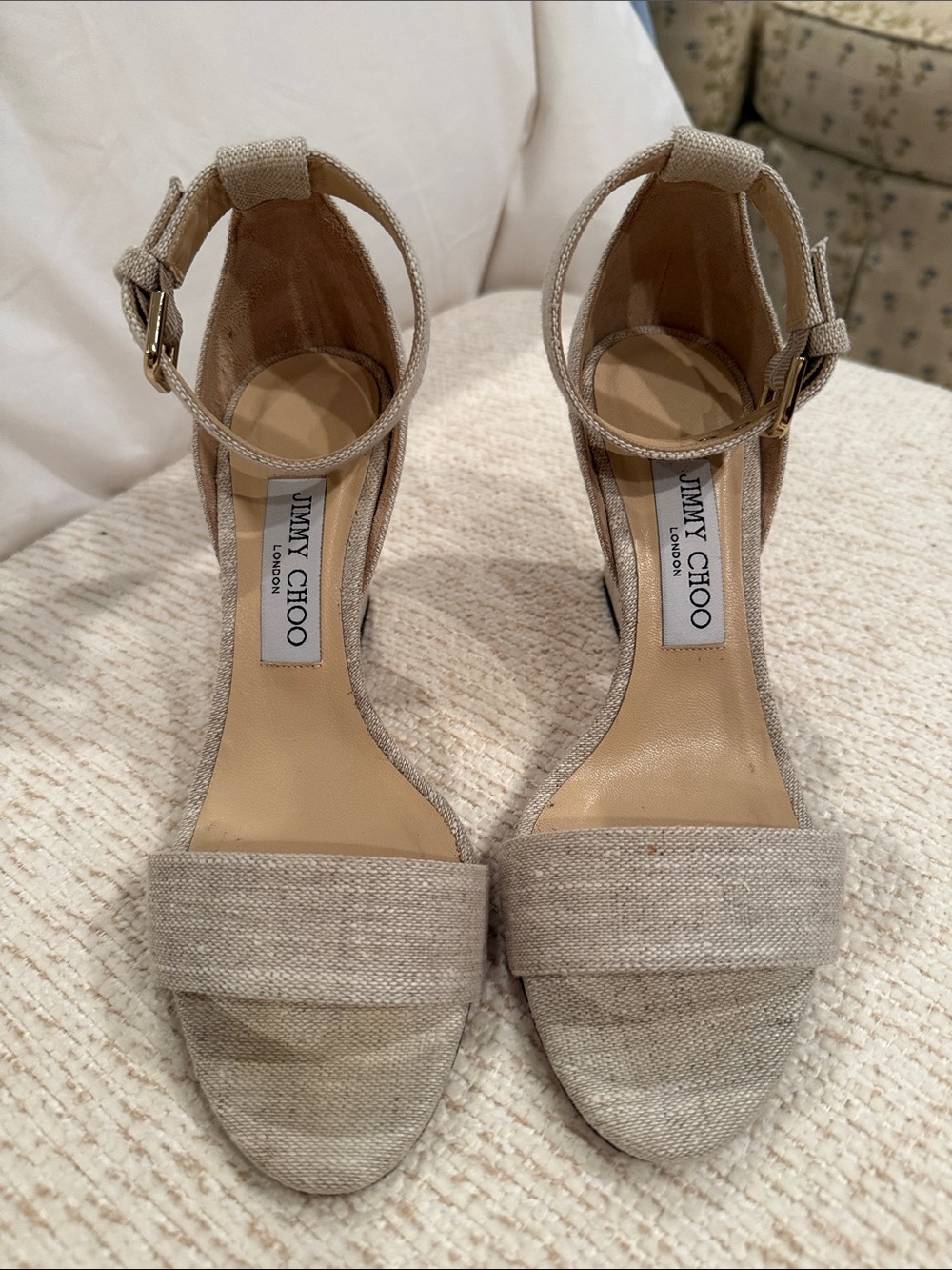 Jimmy Choo natural linen Ankle-Strap Heels. Size 37.5